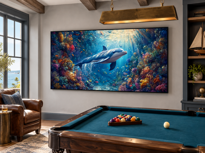 Dolphin in colorful coral reef underwater framed canvas wall art in a billiards room.