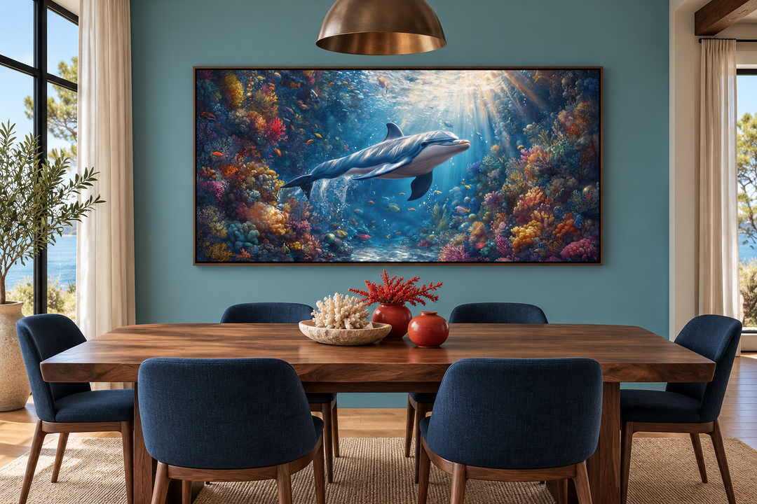 Dolphin in colorful coral reef underwater framed canvas wall art in a modern dining room.
