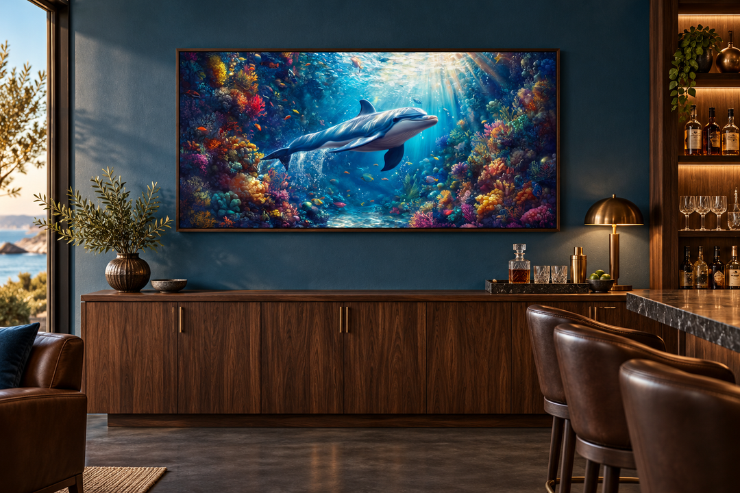 Dolphin in colorful coral reef underwater framed canvas wall art in a modern home bar setting.