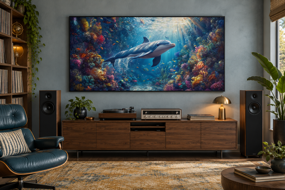 Dolphin in colorful coral reef underwater framed canvas wall art hanging in a modern living room.