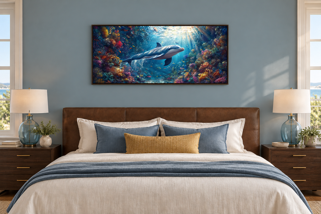 Dolphin in colorful coral reef underwater framed canvas wall art hanging above a bed.
