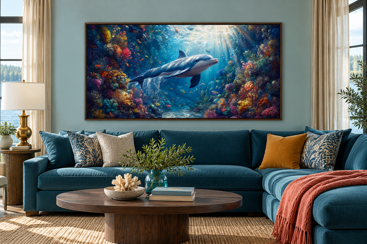 Dolphin in colorful coral reef underwater framed canvas wall art above a blue sectional sofa.