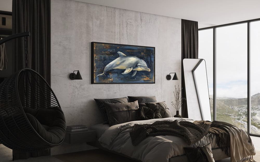 Dolphin Wall Art - Navy Blue Canvas Print | Distressed Wood Coastal Decor