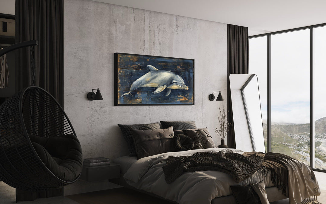 Dolphin Wall Art - Navy Blue Canvas Print | Distressed Wood Coastal Decor