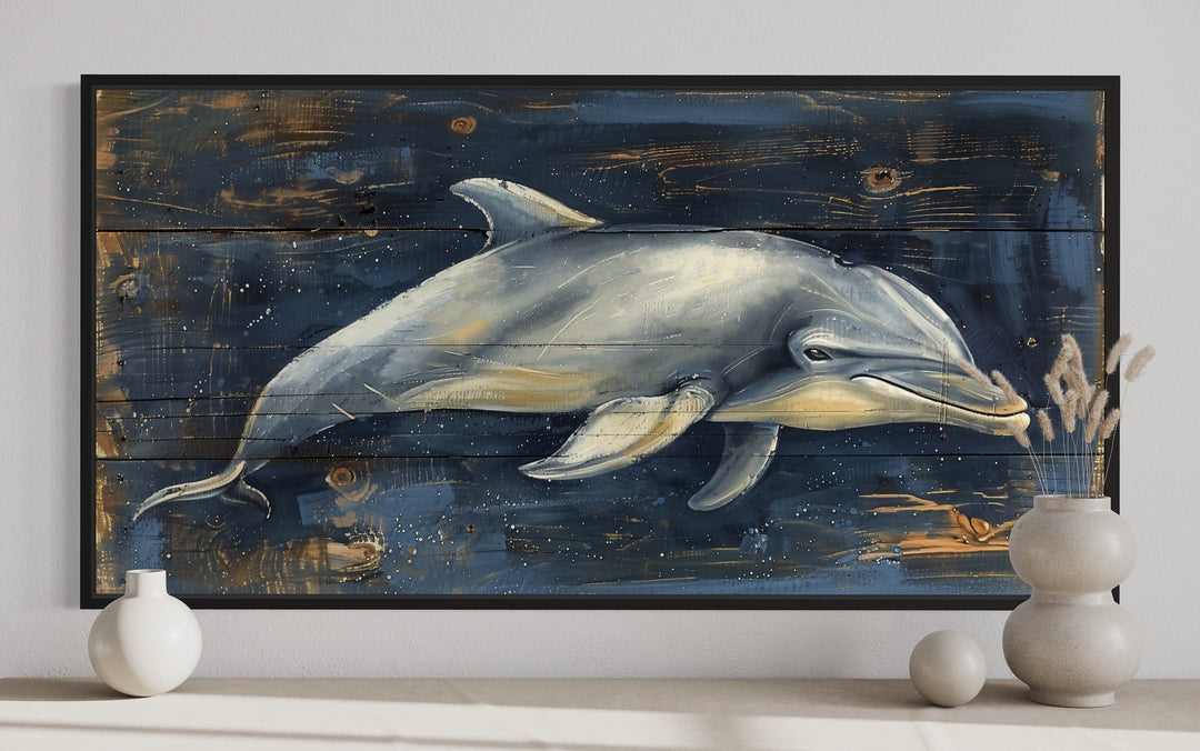 Dolphin Wall Art - Navy Blue Canvas Print | Distressed Wood Coastal Decor