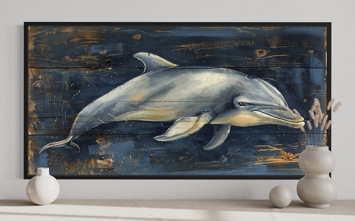 Dolphin Wall Art - Navy Blue Canvas Print | Distressed Wood Coastal Decor