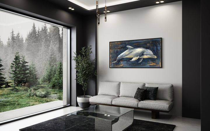 Dolphin Wall Art - Navy Blue Canvas Print | Distressed Wood Coastal Decor