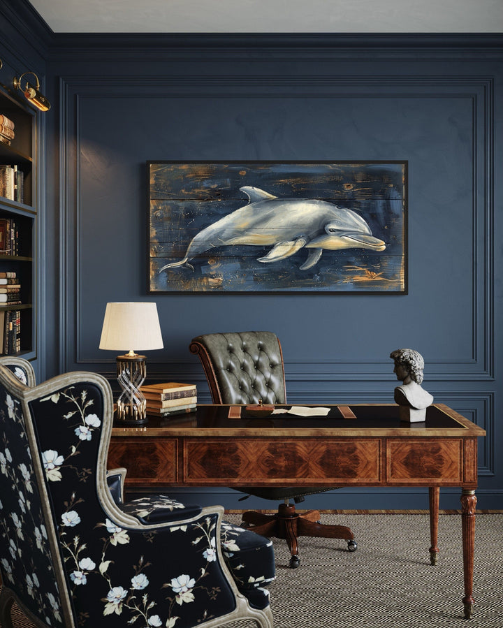 Dolphin Wall Art - Navy Blue Canvas Print | Distressed Wood Coastal Decor