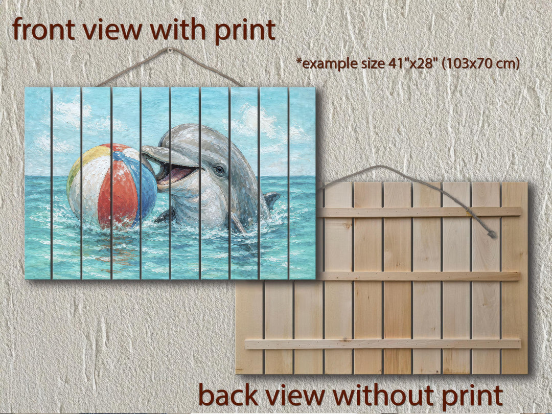 Dolphin and beach ball print on a rustic wood plank wall art piece with front and back views.