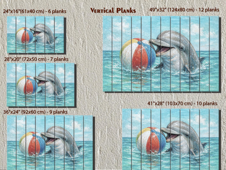 Dolphin wood wall art in five sizes featuring a dolphin playing with a beach ball on vertical planks.