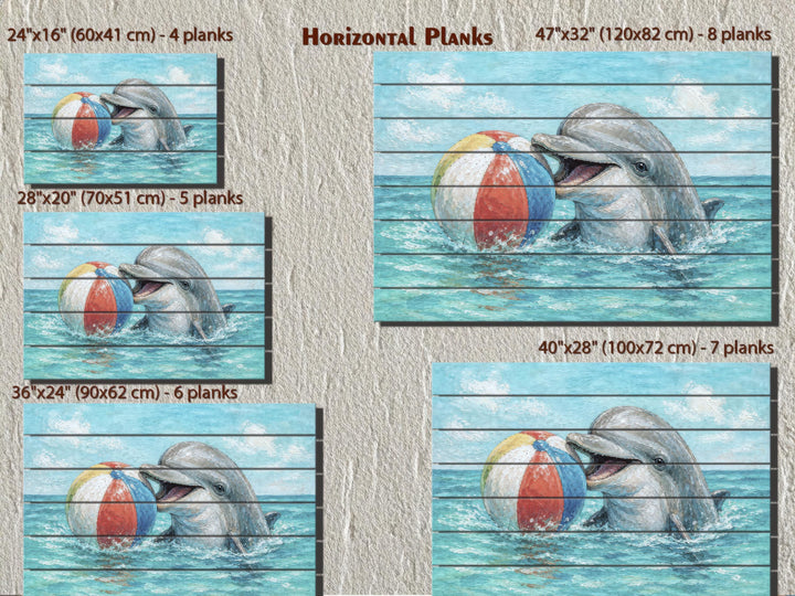 Dolphin wood wall art in five sizes featuring a dolphin playing with a beach ball on horizontal planks.