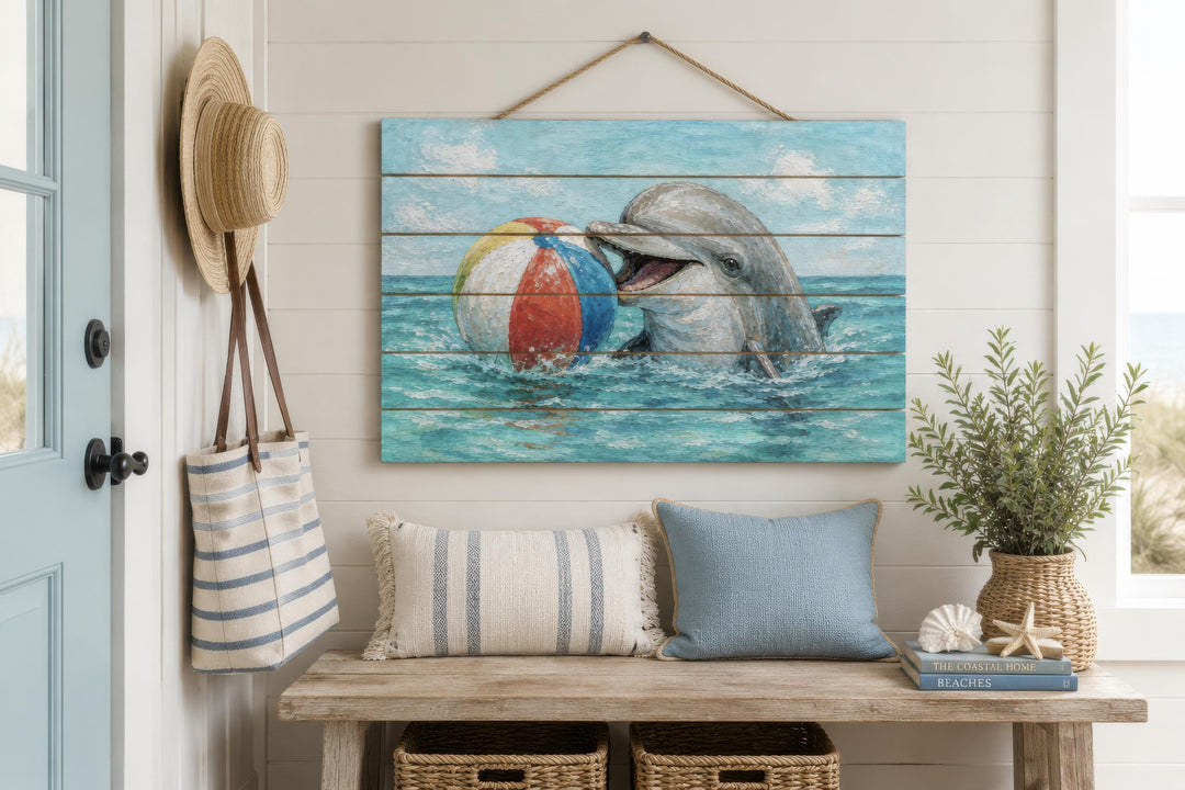 Dolphin wood wall art featuring a playful dolphin with a beach ball in a coastal entryway.
