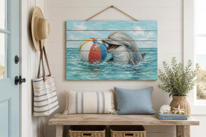 Dolphin wood wall art featuring a playful dolphin with a beach ball in a coastal entryway.