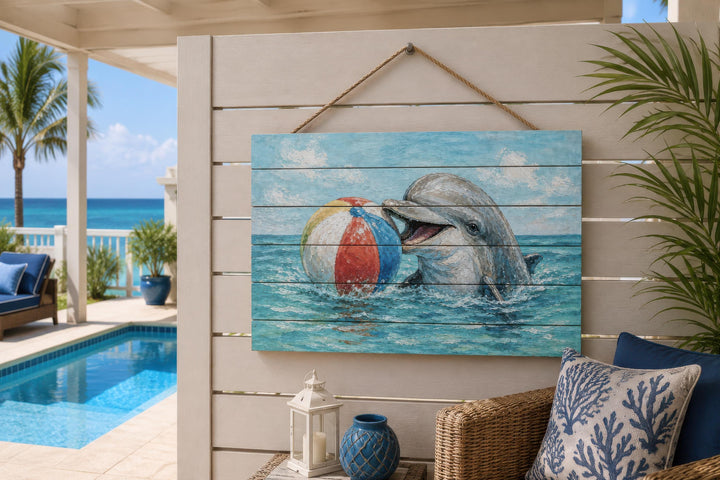 Dolphin wood wall art featuring a playful dolphin with a beach ball on a distressed wood panel.