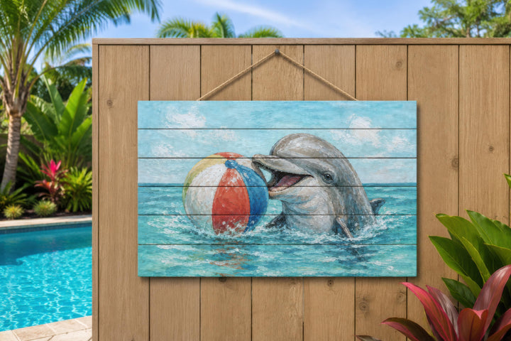 Dolphin wood wall art featuring a playful dolphin with a beach ball on a distressed wood panel.