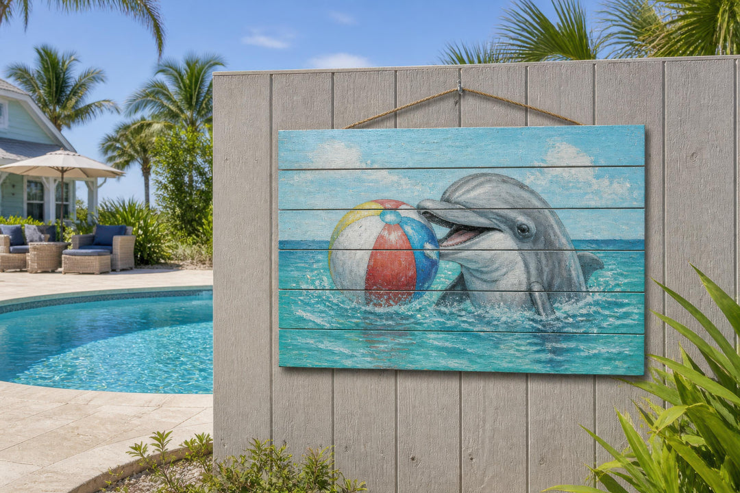Dolphin wood wall art featuring a playful dolphin with a beach ball on a distressed wood panel.
