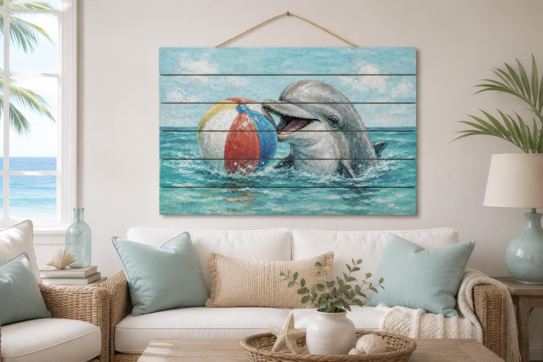 Dolphin wood wall art featuring a playful dolphin and beach ball in a coastal living room.