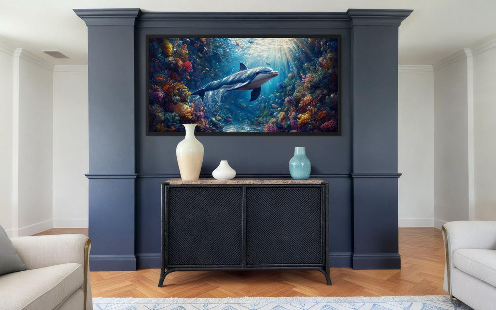 Dolphin in Colorful Coral Reef Underwater Framed Canvas Wall Art
