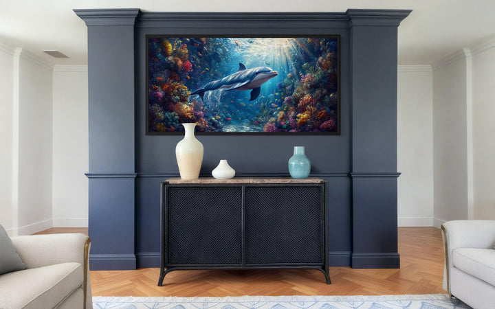Dolphin in Colorful Coral Reef Underwater Framed Canvas Wall Art