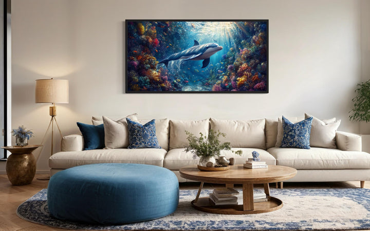 Dolphin in Colorful Coral Reef Underwater Framed Canvas Wall Art
