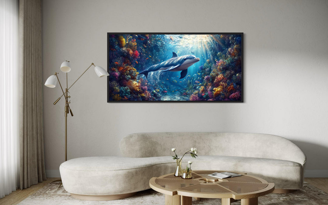 Dolphin in Colorful Coral Reef Underwater Framed Canvas Wall Art