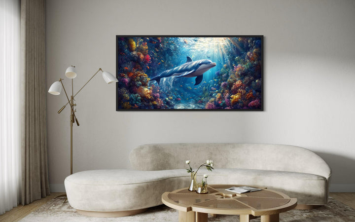 Dolphin in Colorful Coral Reef Underwater Framed Canvas Wall Art