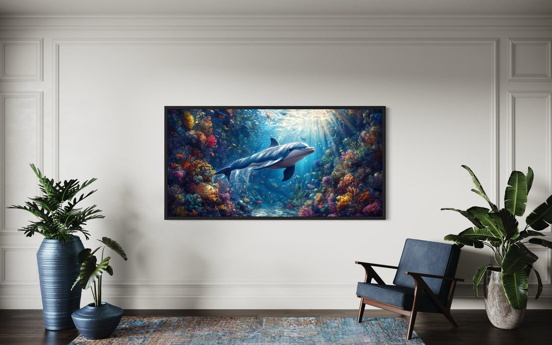 Dolphin in Colorful Coral Reef Underwater Framed Canvas Wall Art