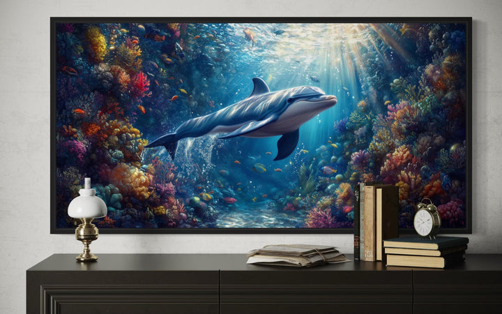 Dolphin in Colorful Coral Reef Underwater Framed Canvas Wall Art
