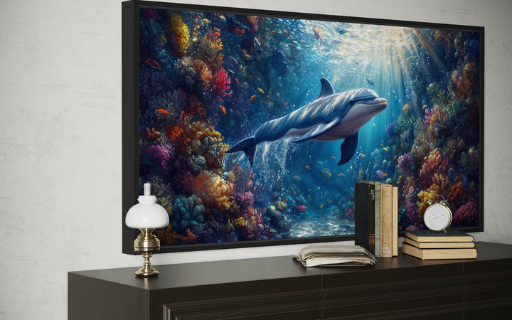 Dolphin in Colorful Coral Reef Underwater Framed Canvas Wall Art