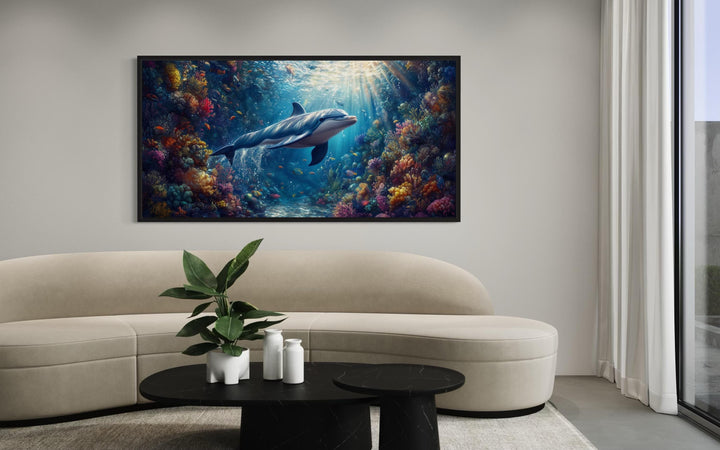 Dolphin in Colorful Coral Reef Underwater Framed Canvas Wall Art