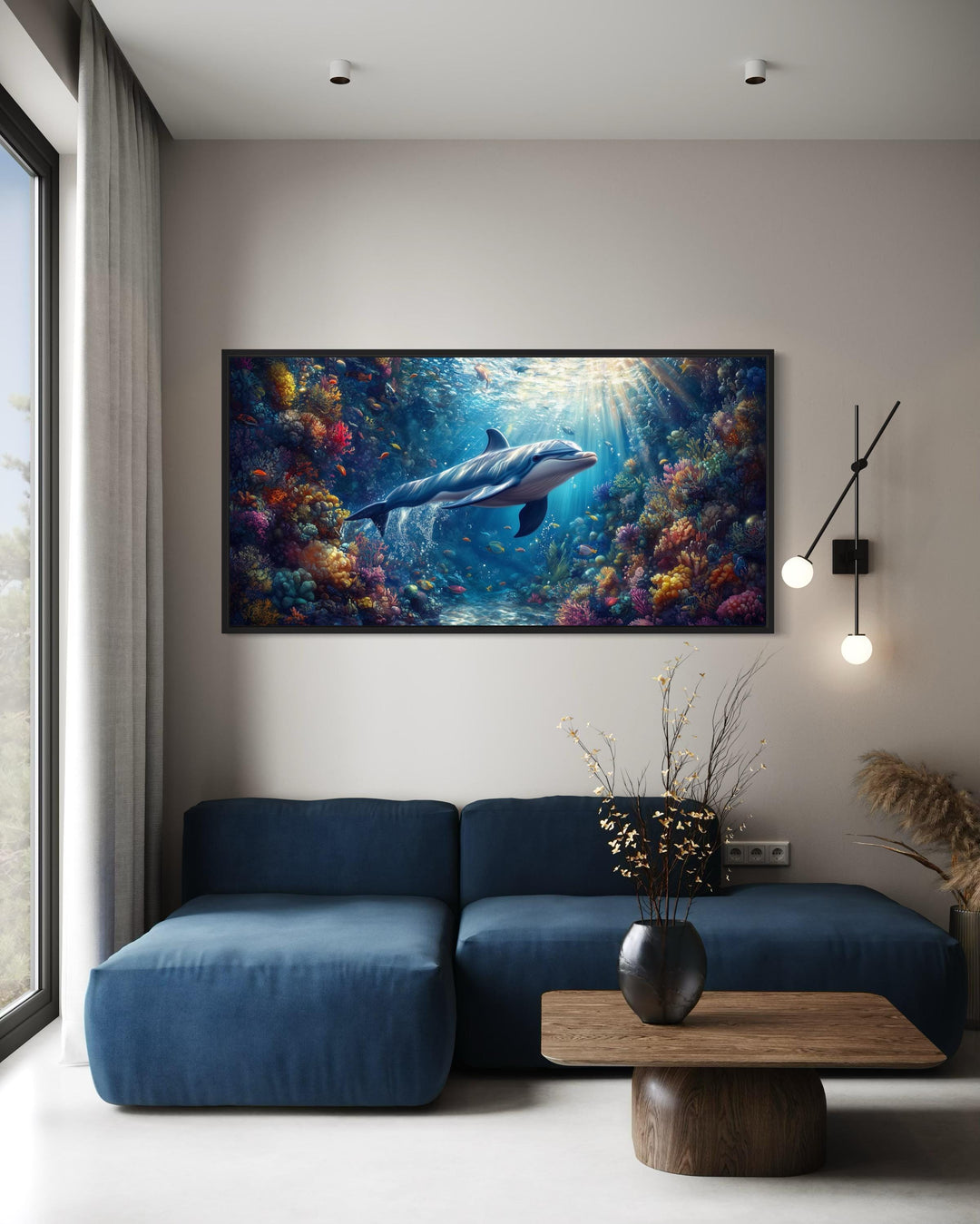 Dolphin in Colorful Coral Reef Underwater Framed Canvas Wall Art