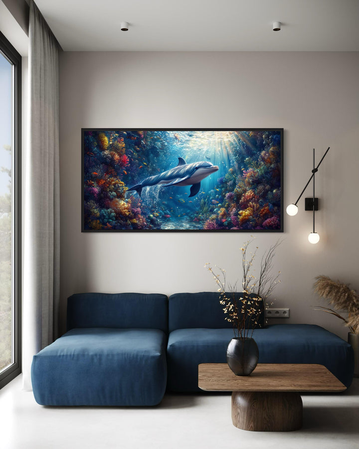 Dolphin in Colorful Coral Reef Underwater Framed Canvas Wall Art