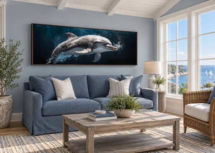 Dolphin Under Water Framed Horizontal Canvas Wall Art above a blue sofa in a coastal living room.