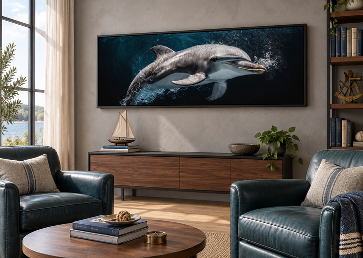 Dolphin Under Water Framed Horizontal Canvas Wall Art displayed in a modern living room.