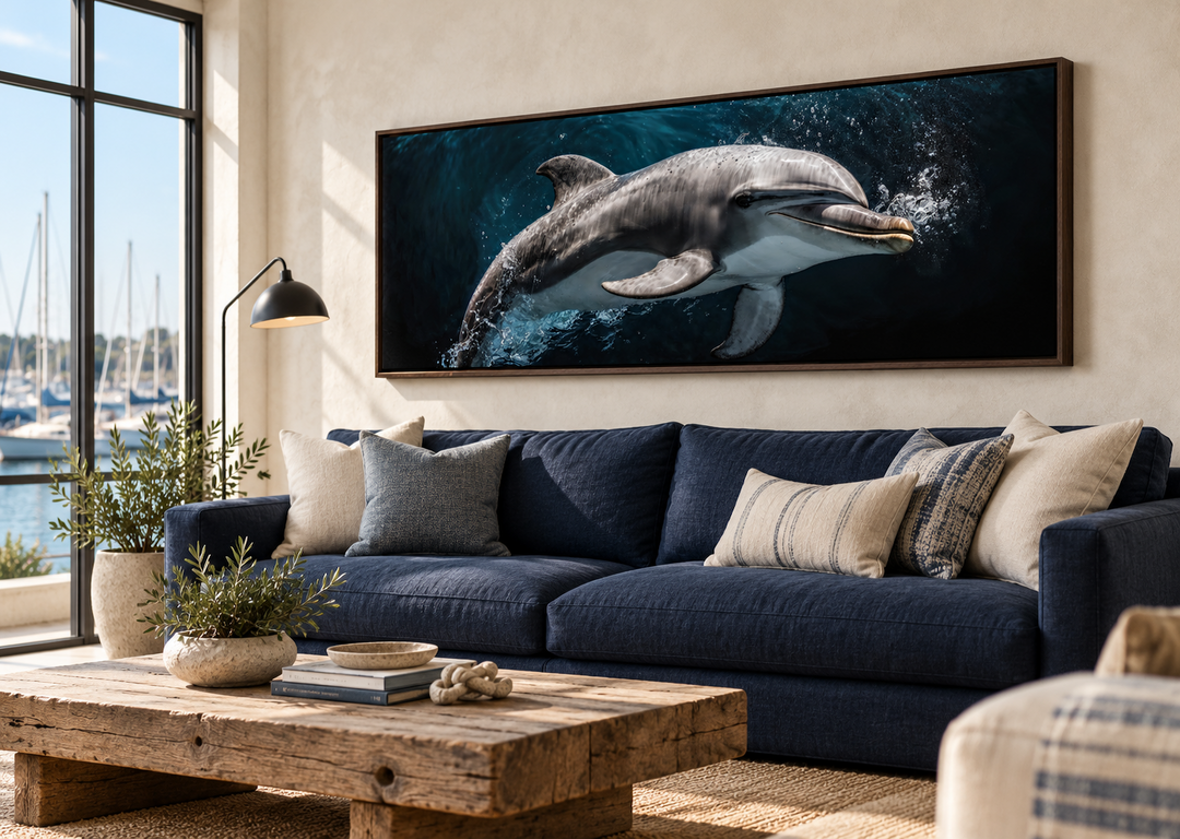 Dolphin Under Water Framed Horizontal Canvas Wall Art above a blue sofa in a coastal living room.