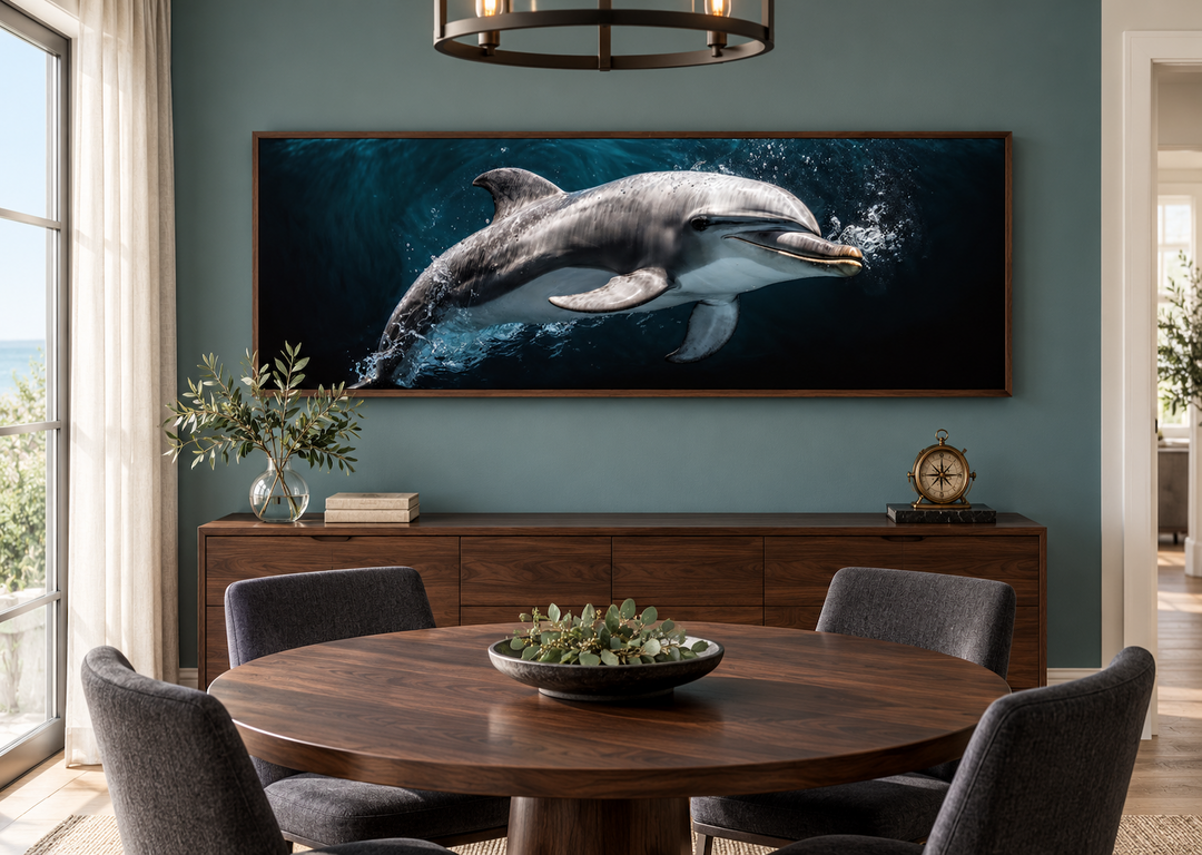 Dolphin Under Water Framed Horizontal Canvas Wall Art in a walnut frame above a dining sideboard.