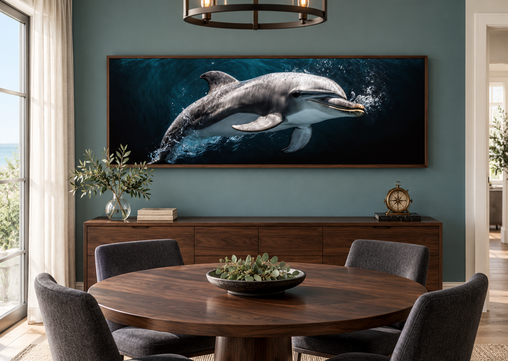 Dolphin Under Water Framed Horizontal Canvas Wall Art in a walnut frame above a dining sideboard.