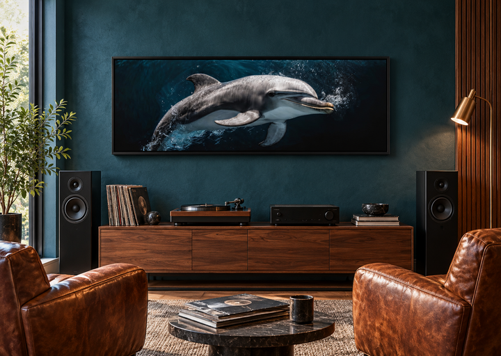 Dolphin Under Water Framed Horizontal Canvas Wall Art displayed in a modern living room.