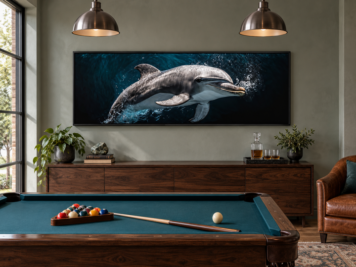 Dolphin Under Water Framed Horizontal Canvas Wall Art above a sideboard in a billiard room.
