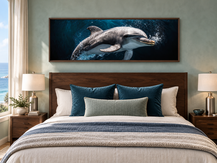 Dolphin Under Water Framed Horizontal Canvas Wall Art above a bed in a coastal-themed bedroom.