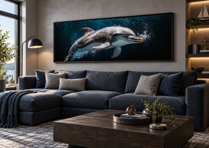 Dolphin Under Water Framed Horizontal Canvas Wall Art hanging above a dark blue sectional sofa.