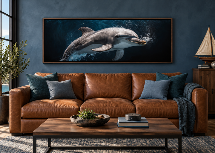 Dolphin Under Water Framed Horizontal Canvas Wall Art above a brown leather sofa in a living room.