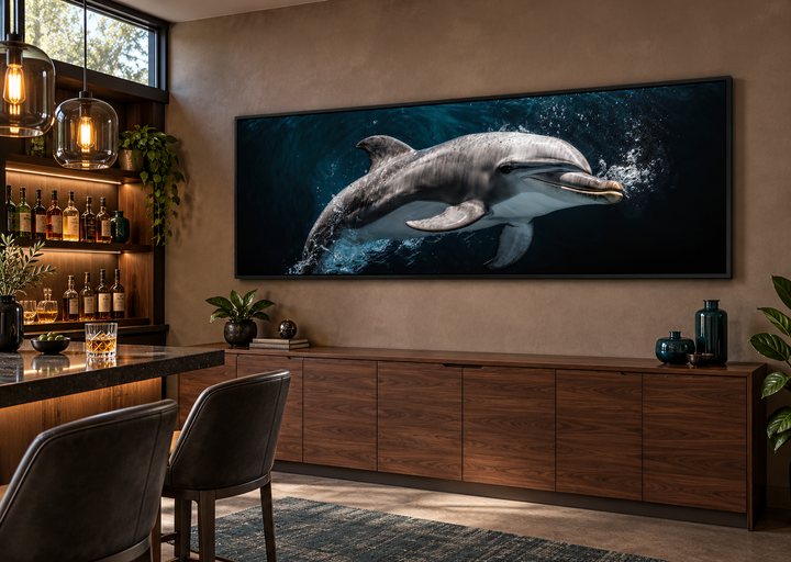 Dolphin Under Water Framed Horizontal Canvas Wall Art displayed in a modern home bar setting.