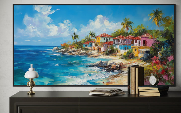 Dominican Republic beach painting canvas wall art featuring colorful coastal houses and palm trees.