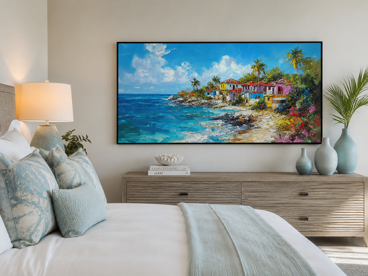 Dominican Republic beach painting canvas wall art above a dresser in a coastal bedroom.