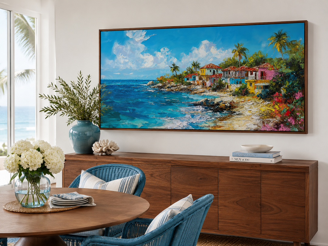 Dominican Republic beach painting canvas wall art above a wooden sideboard in a coastal dining room.