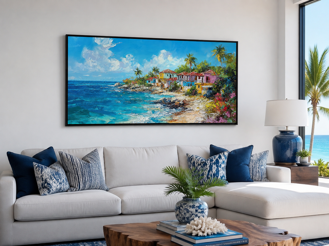 Dominican Republic beach canvas wall art featuring a colorful coastal village and turquoise sea.