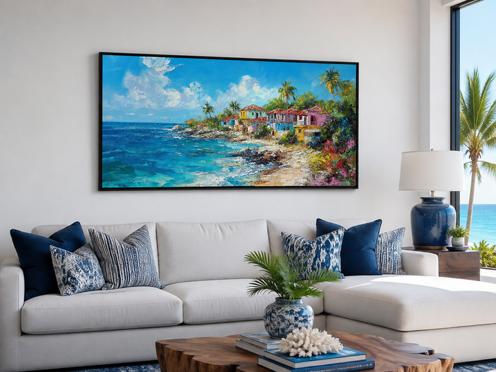 Dominican Republic beach canvas wall art featuring a colorful coastal village and turquoise sea.