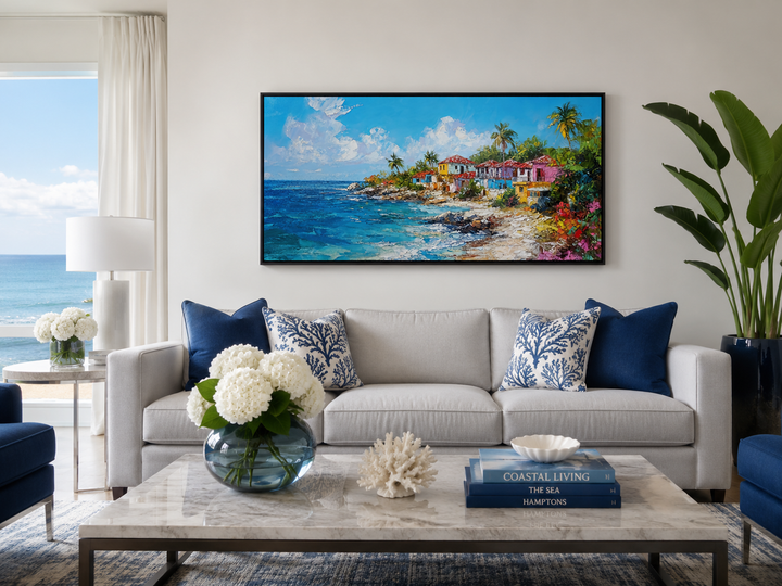 Dominican Republic beach painting canvas wall art in a coastal living room above a white sofa.