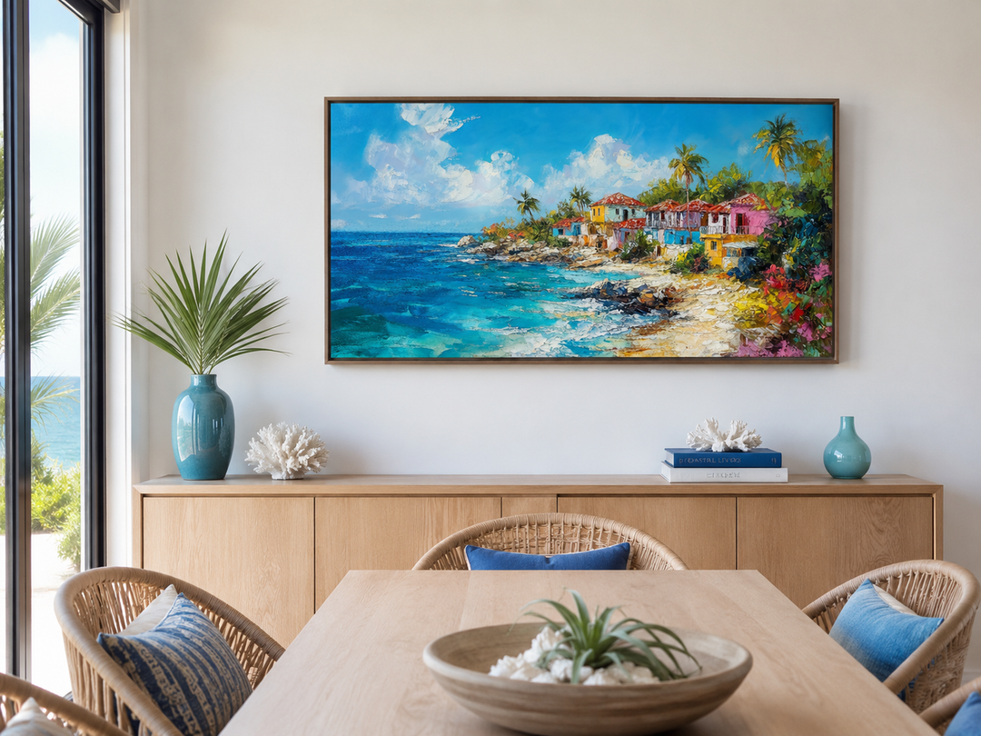 Dominican Republic beach painting canvas wall art featuring a colorful Caribbean coastal village.